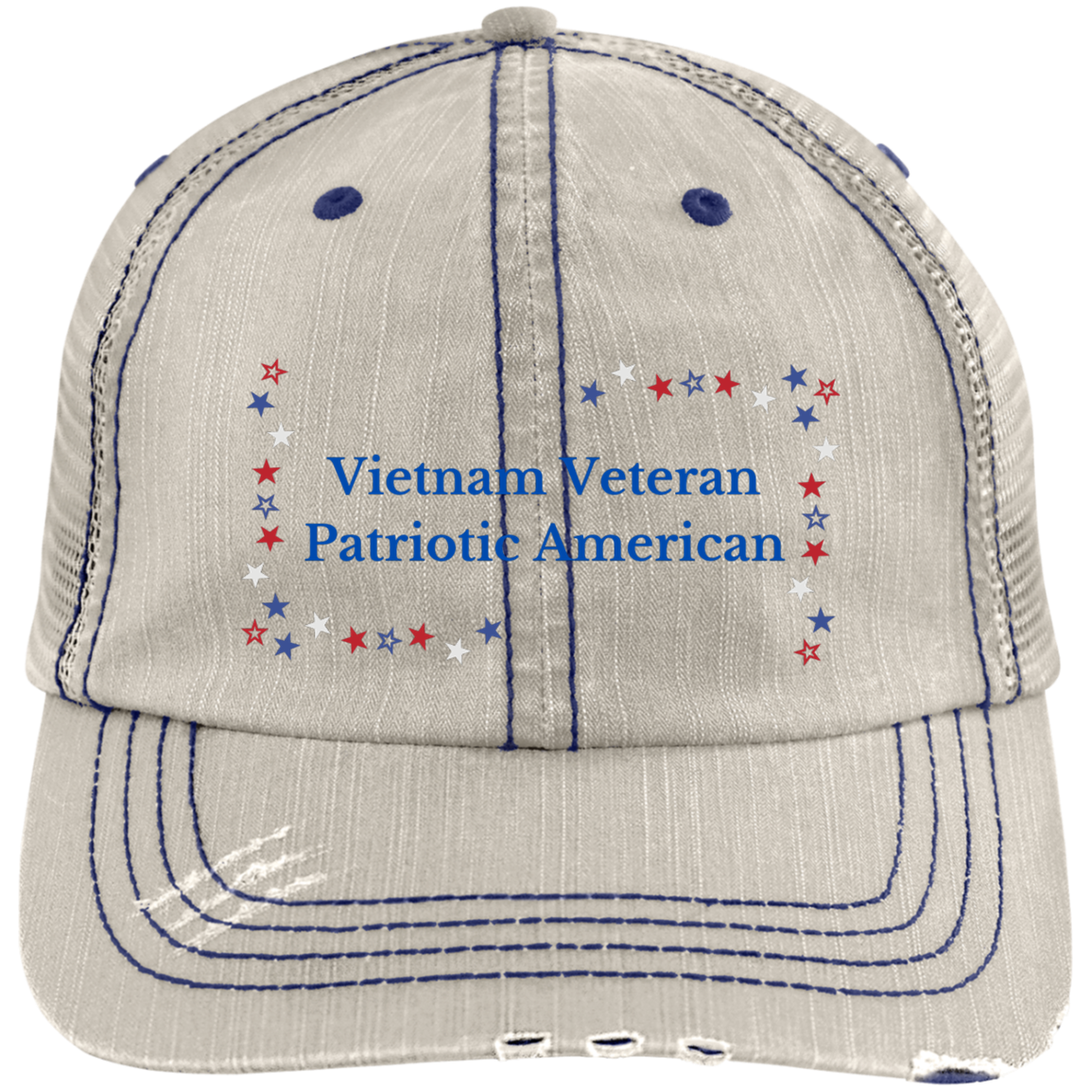 Vietnam Veteran Patriotic American (3) Vietnam Veteran 6990 Distressed Unstructured Trucker Cap